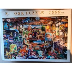 Q&K Puzzle 1000 Wooden Piece Jigsaw Nostalgic Vintage Garage Americana Scene EUC